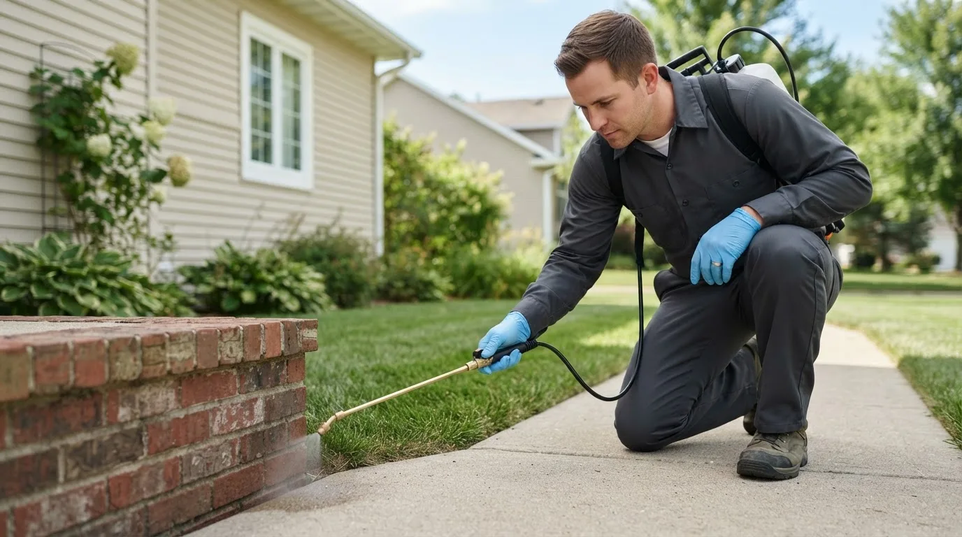 Pest control technician treating a home near Denton, KS
