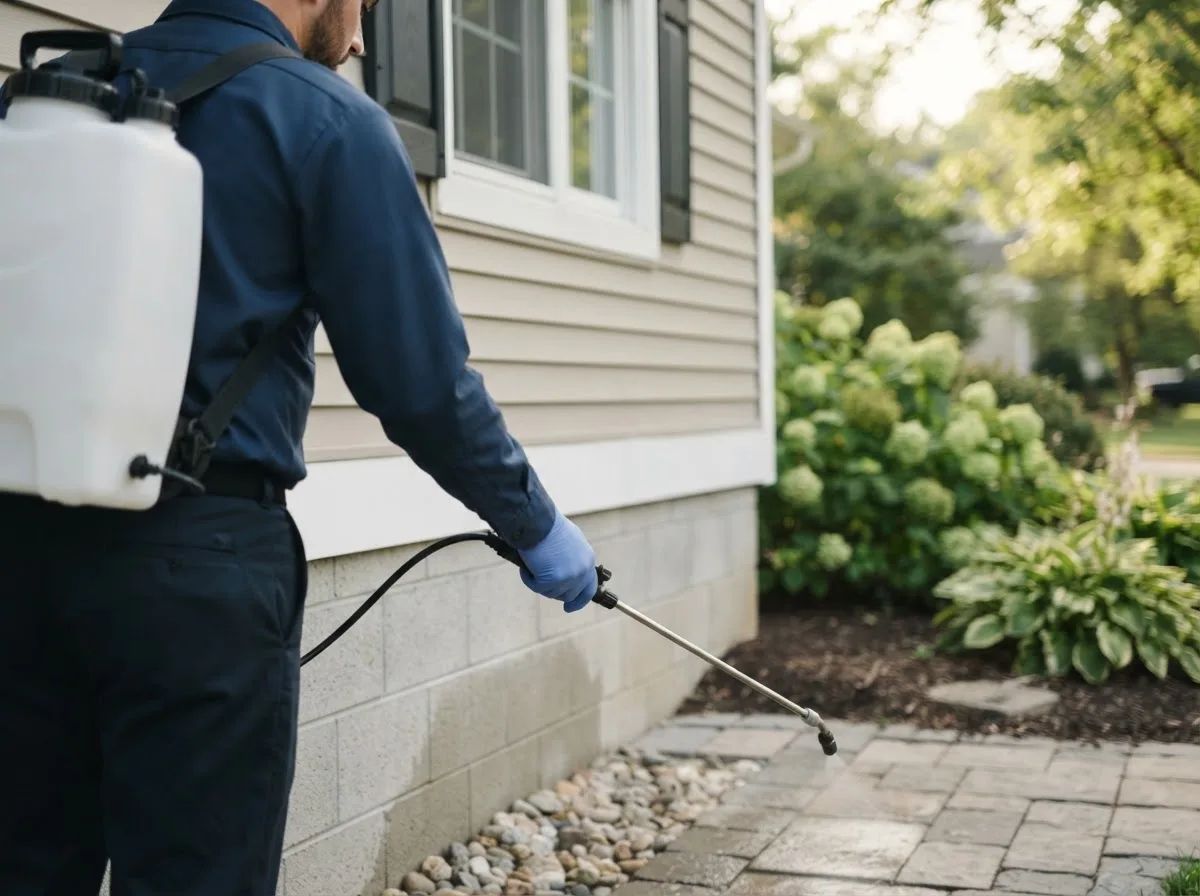 Pest control technician inspecting a home in Denton, KS